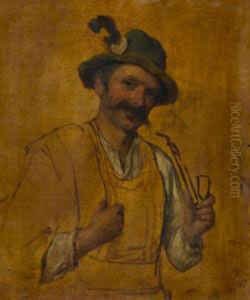 Tyrolean Man Smoking Oil Painting by Josef Bche