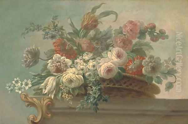 Summer flowers, including tulips, poppies and peonies, in a wicker basket, on a stone ledge Oil Painting by Jacob Bogdani