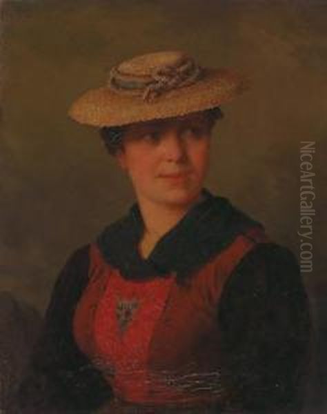 Tyrolean Girl With Hat Oil Painting by Josef Bche