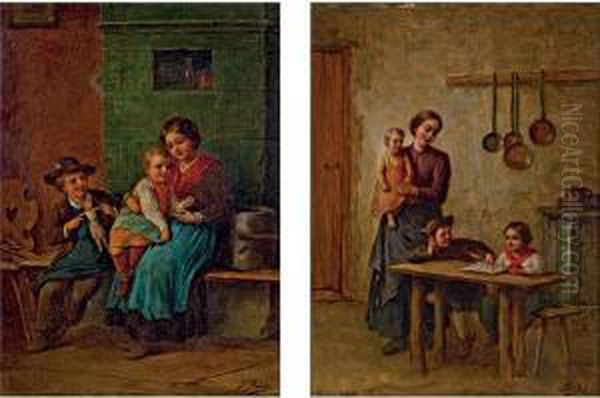 Kinder In Der Stube (pendants) Oil Painting by Josef Bche