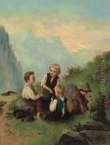 Kinder Beim Almrausch Pflucken Oil Painting by Josef Bche