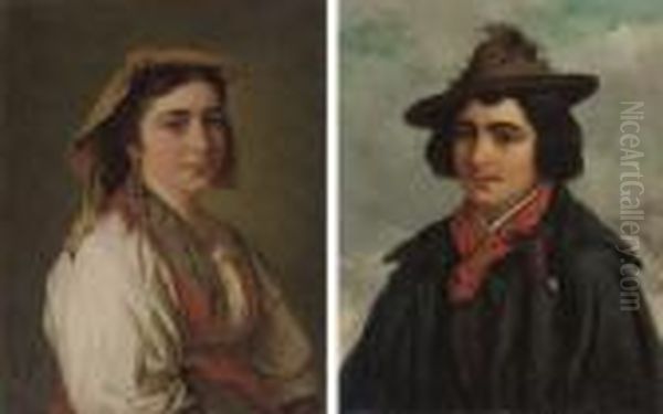 An Italian Boy In A Hat; And An Italian Girl In A Headscarf Oil Painting by Josef Bche