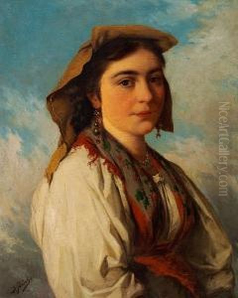 A Young Italian Girl Oil Painting by Josef Bche