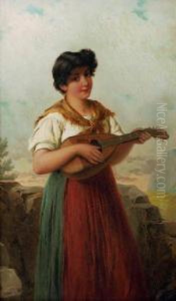 The Charming Mandolin Player Oil Painting by Josef Bche