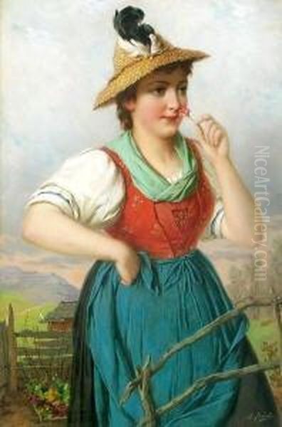 Junges Dirndl Mit Nelke Oil Painting by Josef Bche