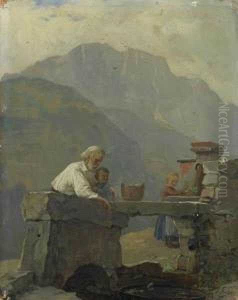 At The Well. Oil Painting by Josef Bche