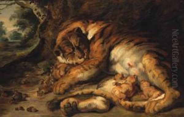 Tiger With Cubs Oil Painting by Josef Bche