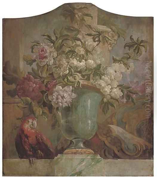 Flowers in an urn with a parrot on a ledge an overdoor Oil Painting by Jacob Bogdani