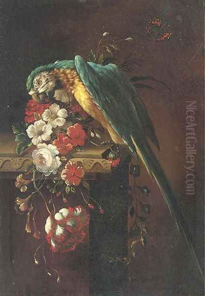 A macaw on a stone ledge, with poppies, flowers and a butterfly to the side Oil Painting by Jacob Bogdani