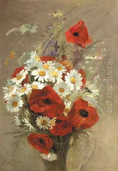 A still life of popies and daisies in a vase Oil Painting by Jacques-Alfred Brielman