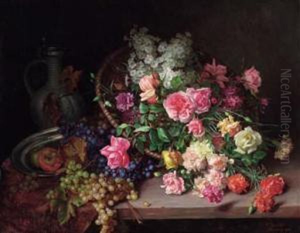 Garden Flowers In A Basket With Grapes And Apples On A Table Oil Painting by Hans Buchner