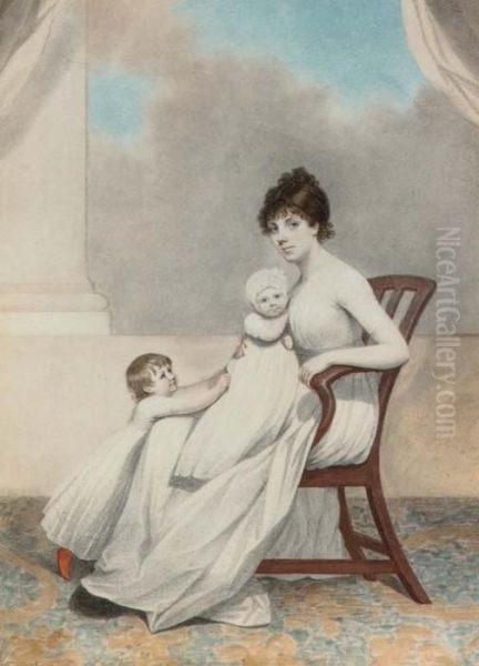 Portrait Of Mrs Phillips And Her Two Children, Full-length, Seated Oil Painting by Adam Buck