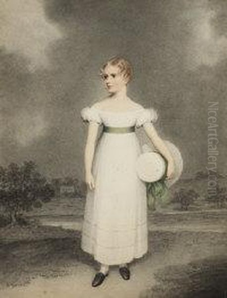 Portrait Of A Young Girl In A White Dress With A Green Sash Holding A Matching Bonnet Oil Painting by Adam Buck