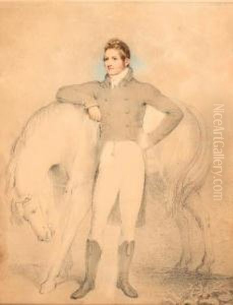 A Gentleman, In Hunting Costume Leaning Against His Horse Oil Painting by Adam Buck