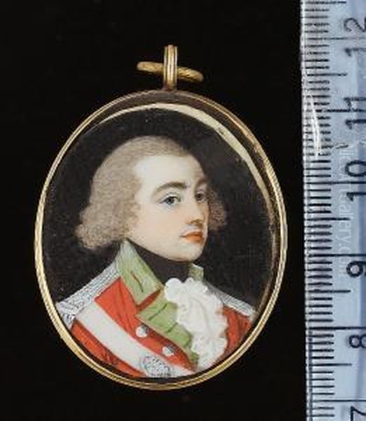 Two Portraits: An Infantry 
Officer, Possibly Irish Militia Or Volunteers, Wearing Scarlet Coat With
 Grass-green Facings, The Silver Buttons Possibly With Harp Device 
Thereon, Silver Epaulettes And White Shoulder Belt; And A Boy, Wearing 
Red Skelet Oil Painting by Frederick Buck