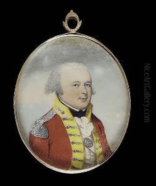 An Officer Of The 16th Foot (the
 Bedfordshire Regiment), Wearing Scarlet Coat With Yellow Facings, 
Silver Epaulette, White Sword Belt With Belt-plate Stamped Oil Painting by Frederick Buck