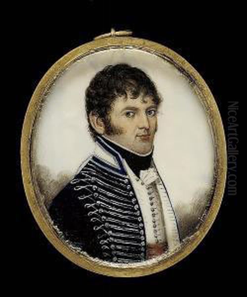 An Officer Of The 7th, 17th Or 
18th Light Dragoons, Wearing Dark Blue Jacket With White Collar, Heavily
 Braided In Silver, Worn Open To Reveal A White Waistcoat And Crimson 
Sash, Black Stock And White Cravat Oil Painting by Frederick Buck