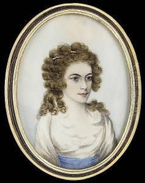 A Lady, Wearing White Dress With
 Blue Waistband And Strand Of Pearls In Her Powdered Hair Oil Painting by Frederick Buck