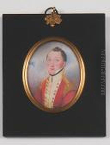 A Miniature Portrait Of An Officer In Red Military Uniform, Against A Sky Background Oil Painting by Frederick Buck