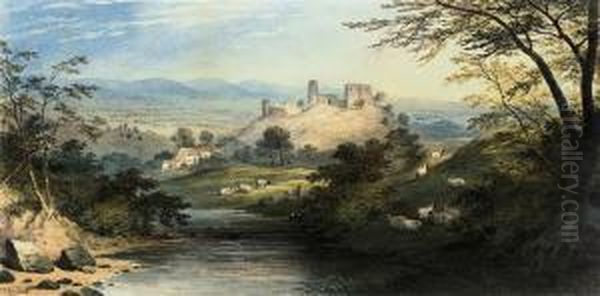 Sheep Grazing Before Castle Ruins Oil Painting by Charles Frederick Buckley