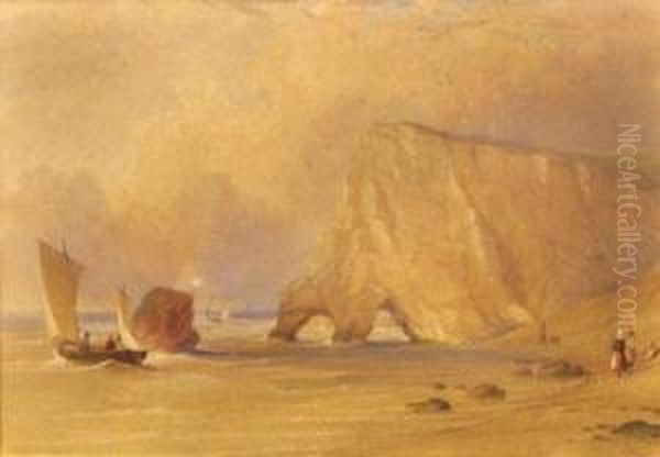 Figures And Sailboats In A Landscape Oil Painting by Charles Frederick Buckley