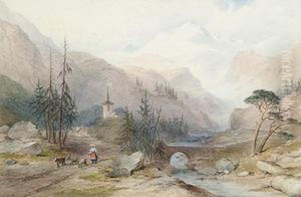 An Alpine Landscape With A Figure On A Trackwith Goats Oil Painting by Charles Frederick Buckley