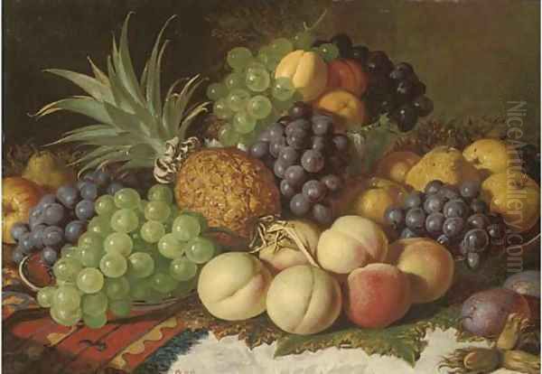 Grapes, peaches, pears, plums, apples, and a pineapple, on a ledge Oil Painting by Charles Thomas Bale