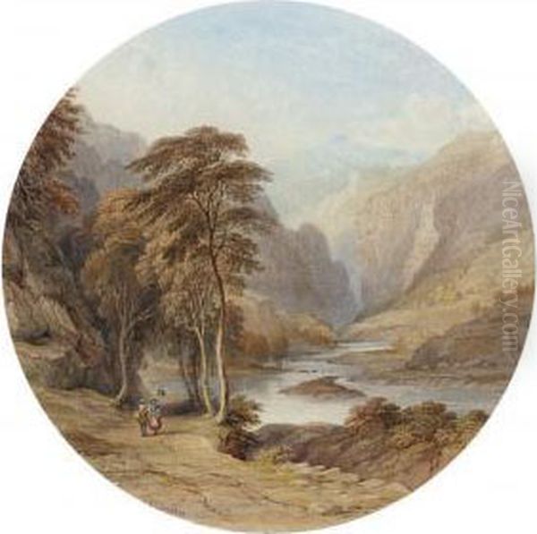 Figures On A Riverside Path In A Mountainous Landscape Oil Painting by Charles Frederick Buckley