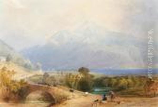 Drovers On A Bridge By A Loch Oil Painting by Charles Frederick Buckley