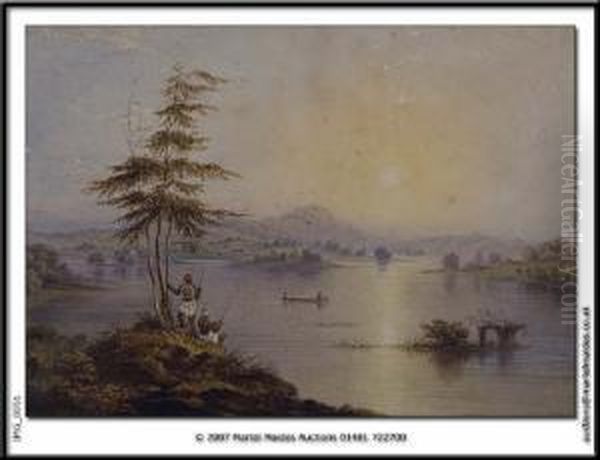 Lake View With Figures Fishing Inthe Foreground Oil Painting by Charles Frederick Buckley