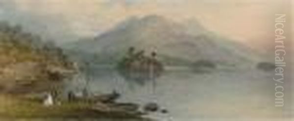 Figures On The Edge Of Lake Killarney Oil Painting by Charles Frederick Buckley