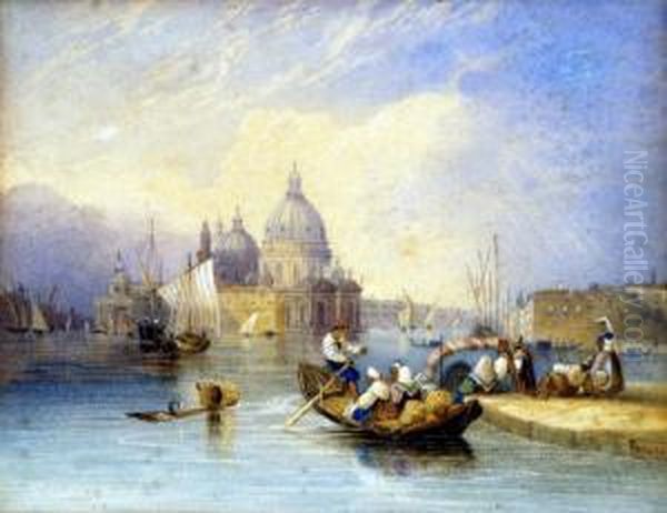 Venice, The Doges Palace From The Water, A Busy Scene With Figures And Gondolas Oil Painting by Charles Frederick Buckley