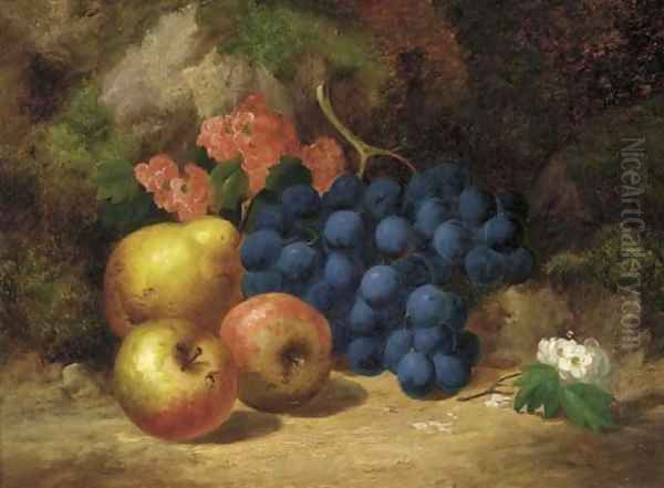 Apples, grapes, a pear and blossom, on a mossy bank Oil Painting by Charles Thomas Bale