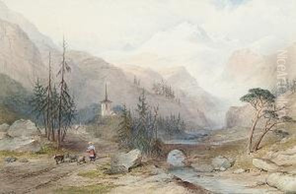 An Alpine Landscape With A Figure On A Track With Goats Oil Painting by Charles Frederick Buckley