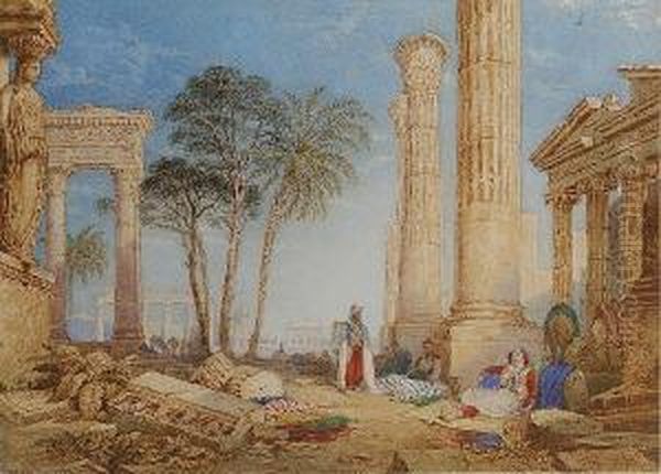 Travellers Resting Amid The Ruins At Baalbek, Lebanon Oil Painting by Charles Frederick Buckley