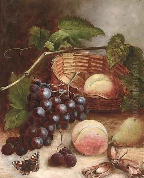 Grapes, peaches, a pear and cobb nuts with a basket on a table Oil Painting by Charles Thomas Bale