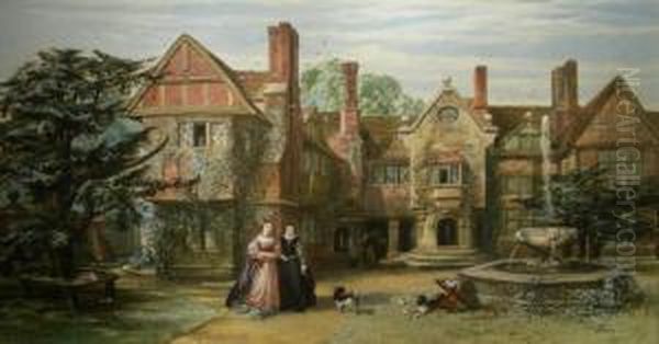 Country House Possibly Ightham Mote With Figures And Dogs In The Foreground Oil Painting by John Edmund Buckley