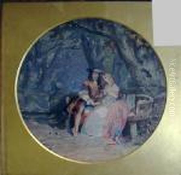 'a Cavalier And His Love Seated 
Beneath A Tree', Handcoloured Engraving, 22cm Diam, Signed In The Stone,
 In Gilt Frame Oil Painting by John Edmund Buckley