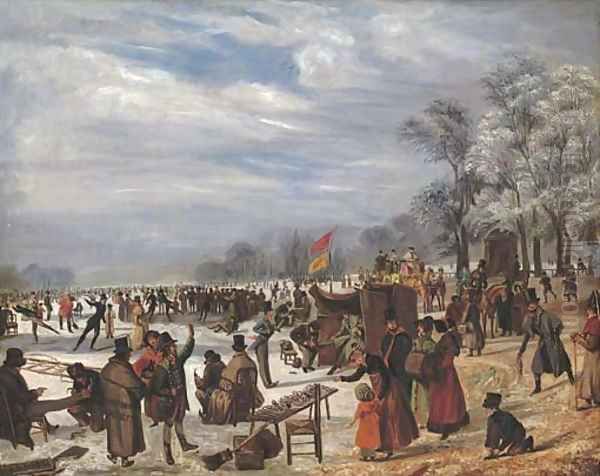 Skaters on a frozen lake Oil Painting by J. Baber