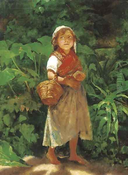 A Mediterranean waif standing in the shade Oil Painting by Achille Boschi