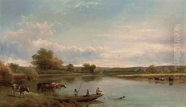 Figures in a punt, with cattle watering Oil Painting by Adam Barland