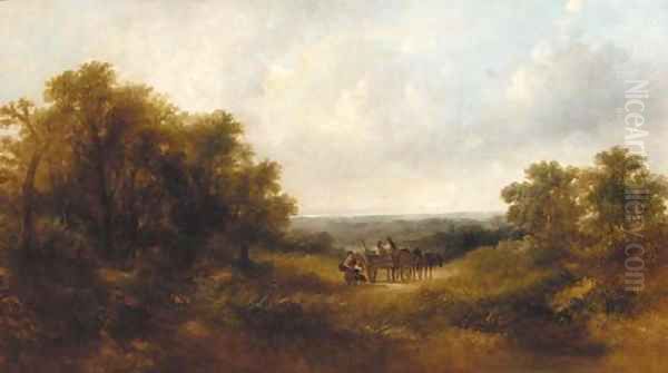 Figures in a horse and cart in an extensive landscape Oil Painting by Adam Barland