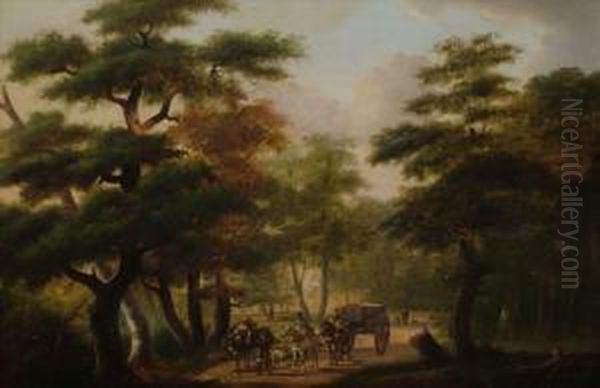 Figuresand Horse And Cart On A Woodland Road Oil Painting by Philippe Budelot