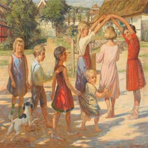 Village Scene With Children Playing On The Street Oil Painting by Carl Budtz-Moller