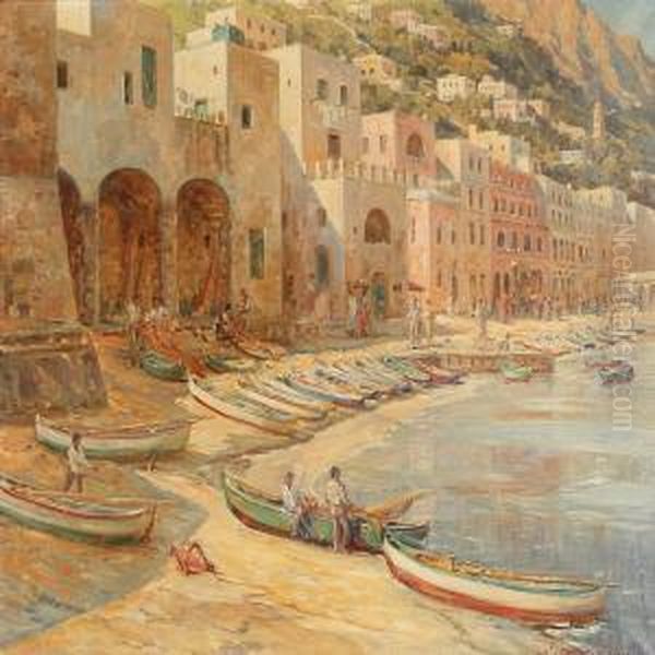 Coastal Scene From Capri With Small Fishing Boats On Thebeach Oil Painting by Carl Budtz-Moller