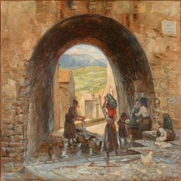 Italian Street Scene With Women By A Fountain Oil Painting by Carl Budtz-Moller