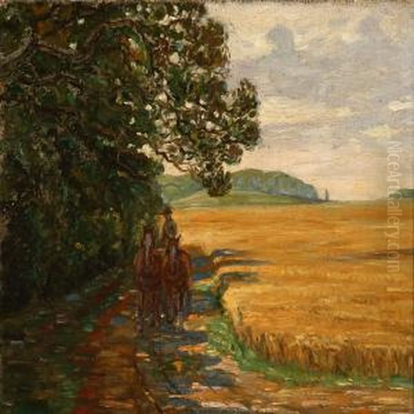 Summer Landscape With A Farmer And His Horses Oil Painting by Carl Budtz-Moller