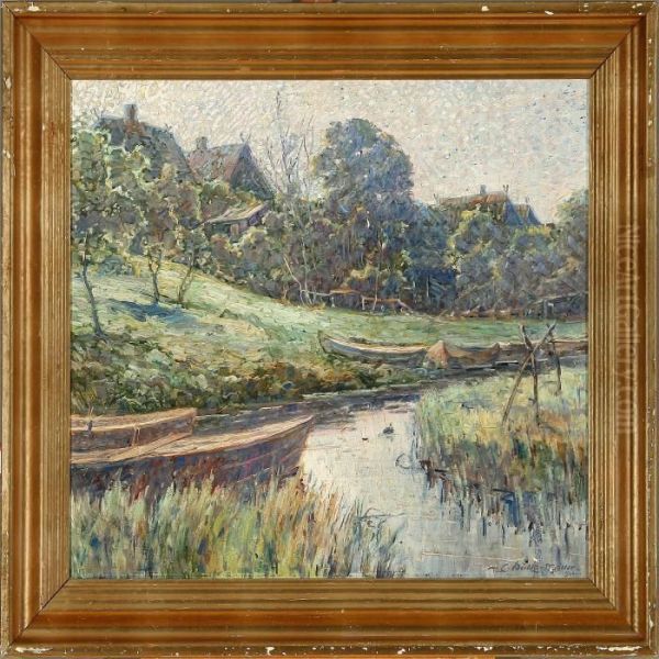 A Stream Withhouses In The Background Oil Painting by Carl Budtz-Moller