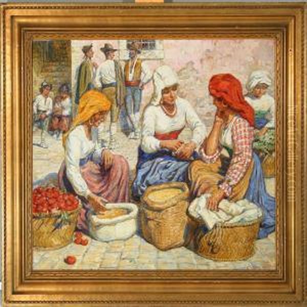 Italian Women On A Market Oil Painting by Carl Budtz-Moller