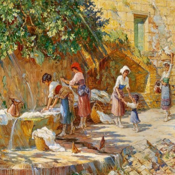 Vask Ved Fontaenen. Anticoli Oil Painting by Carl Budtz-Moller